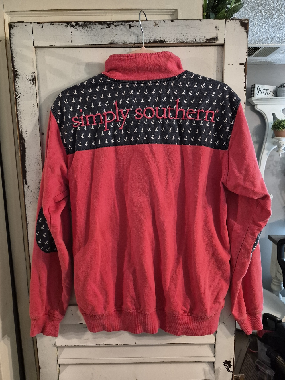 Simply Southern pink cotton 1/4 zip pullover featuring navy blue anchor-patterne - Picture 4 of 7